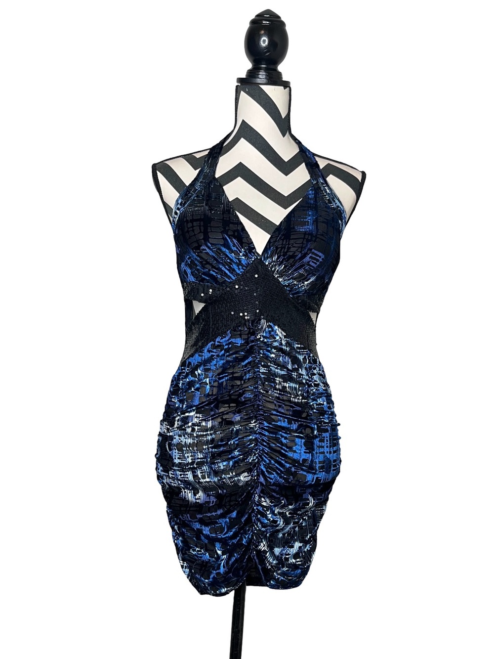 Y2K Sequin Cut-Out Club Wear Sheer Halter Neck Tunic Mini Dress Sz S